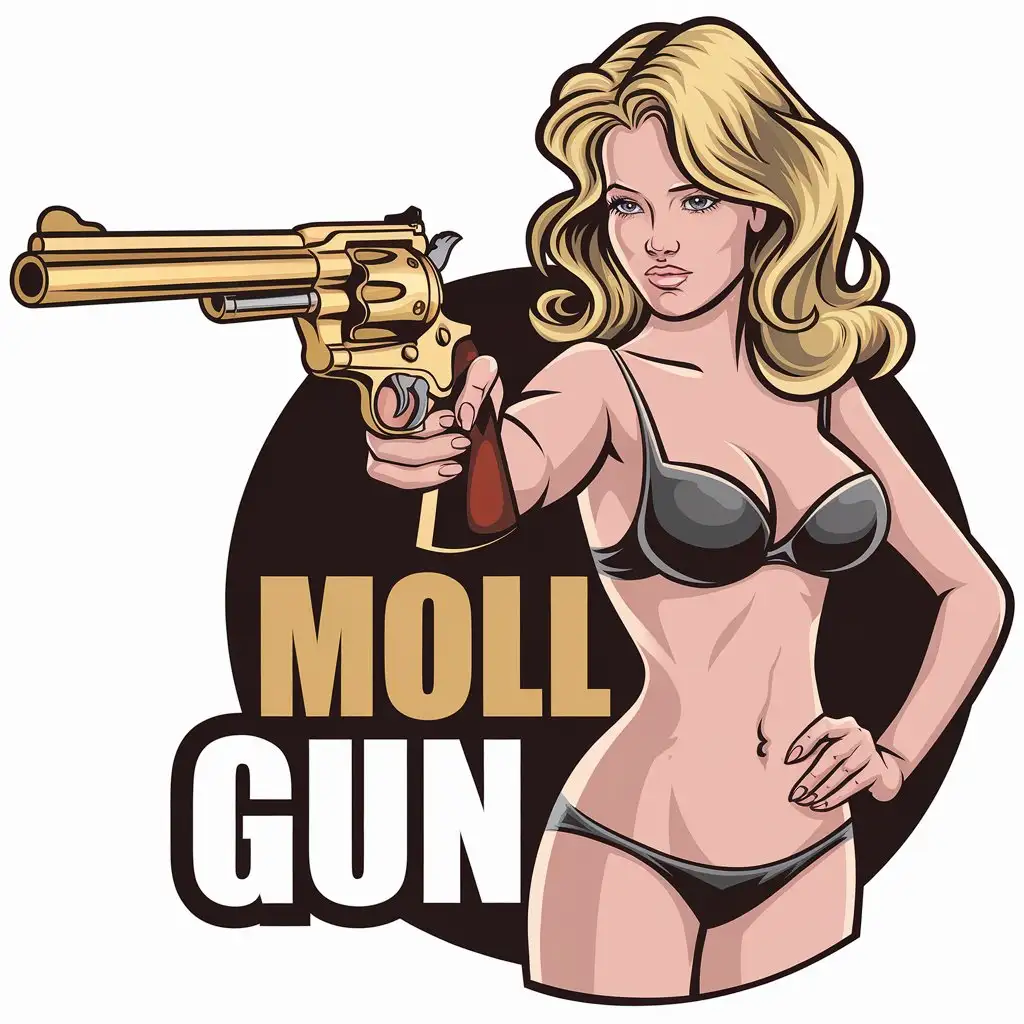 a vector logo design,with the text "Gun moll", main symbol:young very beautiful blonde girl with very large bra in black bikini with big classic gold peacemaker revolver in her hand,Moderate,clear background