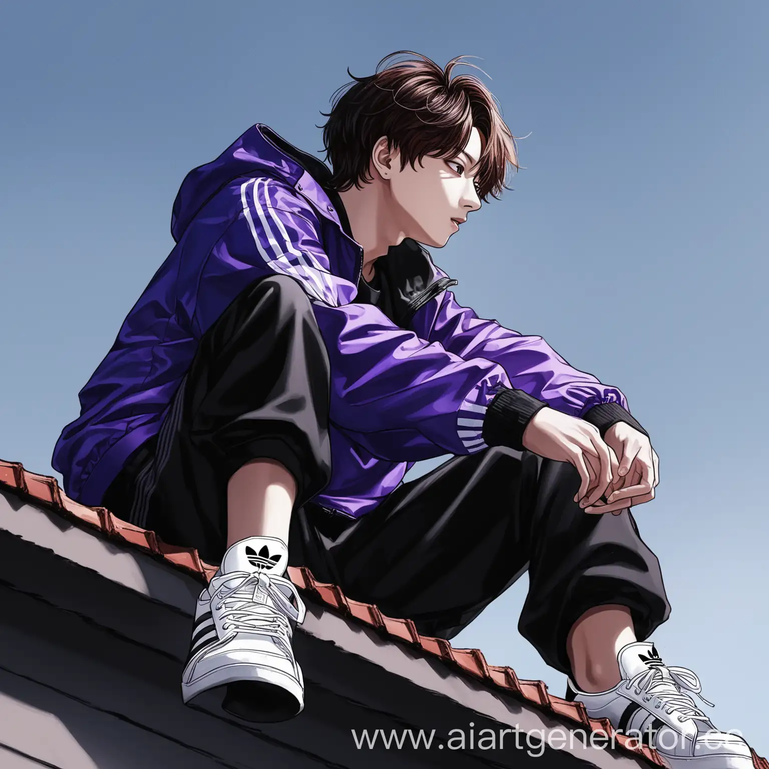 BTS-Jungkook-in-Adidas-Windbreaker-Sitting-on-Rooftop