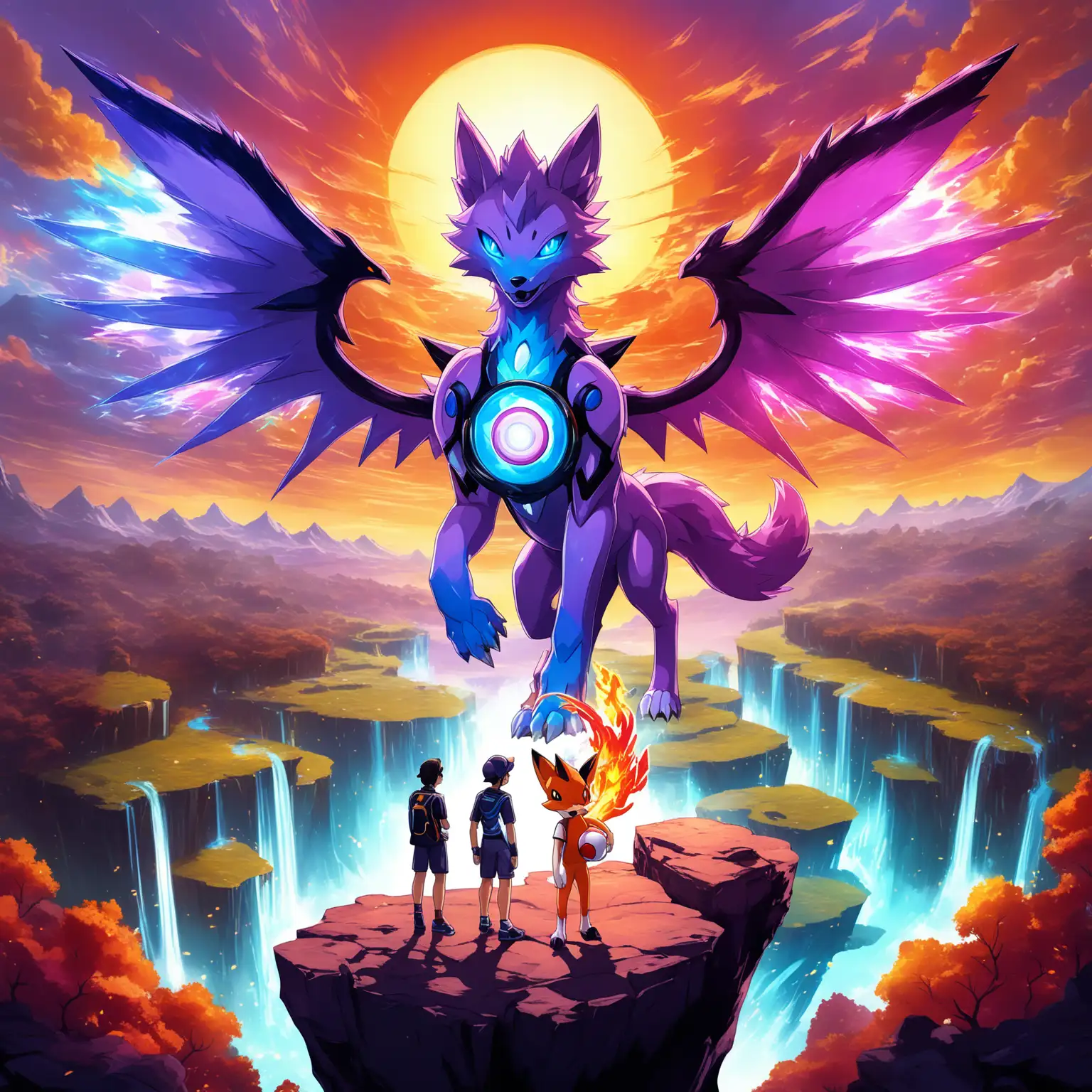 Epic-Pokmon-Hero-Standing-on-Cliff-at-Sunrise-with-Electric-Wolf-Dragon-and-Fire-Fox-Companions