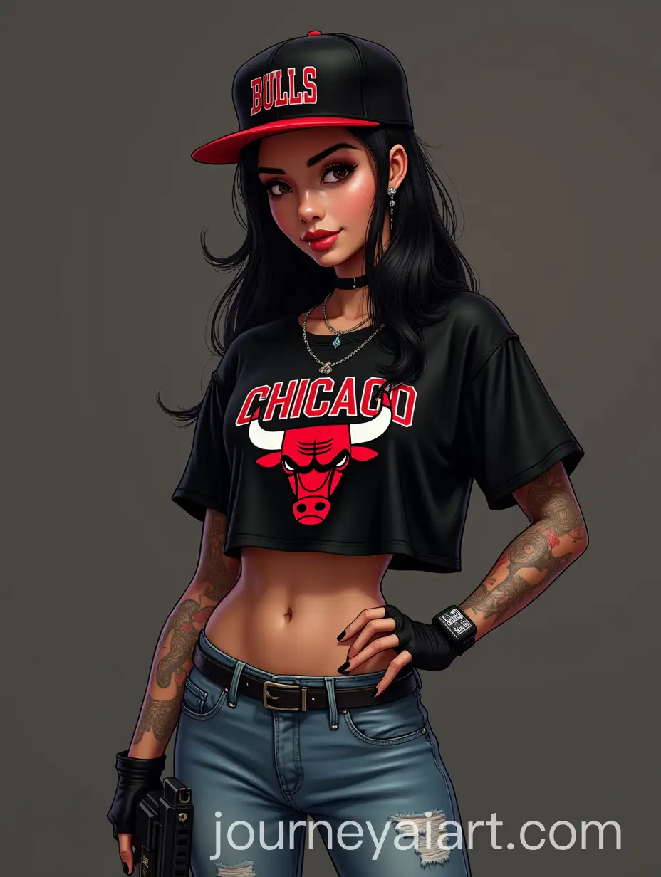 Stylish-Woman-with-Chicago-Bulls-Snapback-and-Playful-Smile