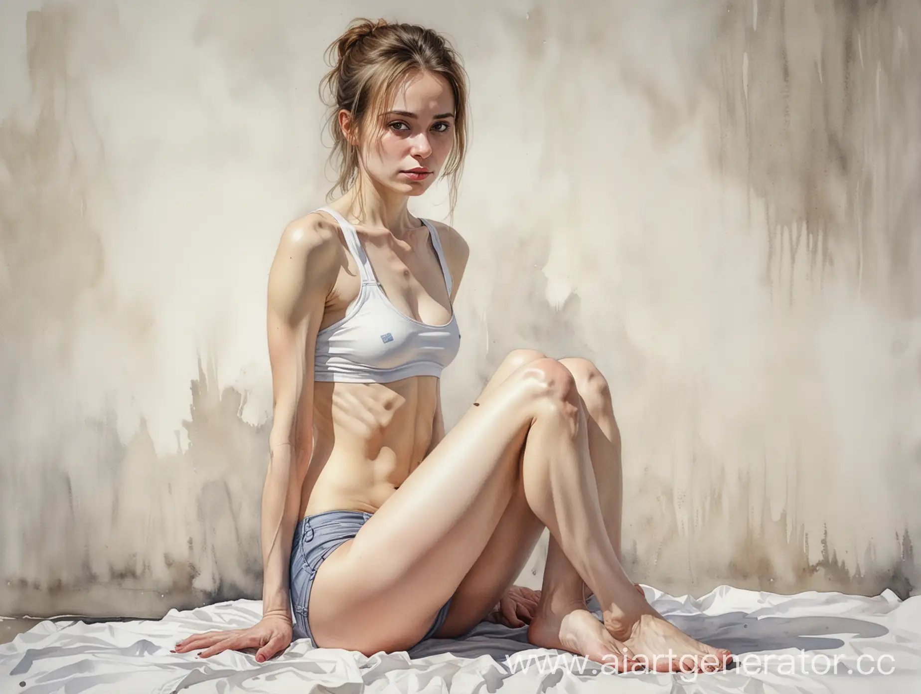 Realistic-watercolor-painting-of-a-45YearOld-Russian-Woman-Squatting