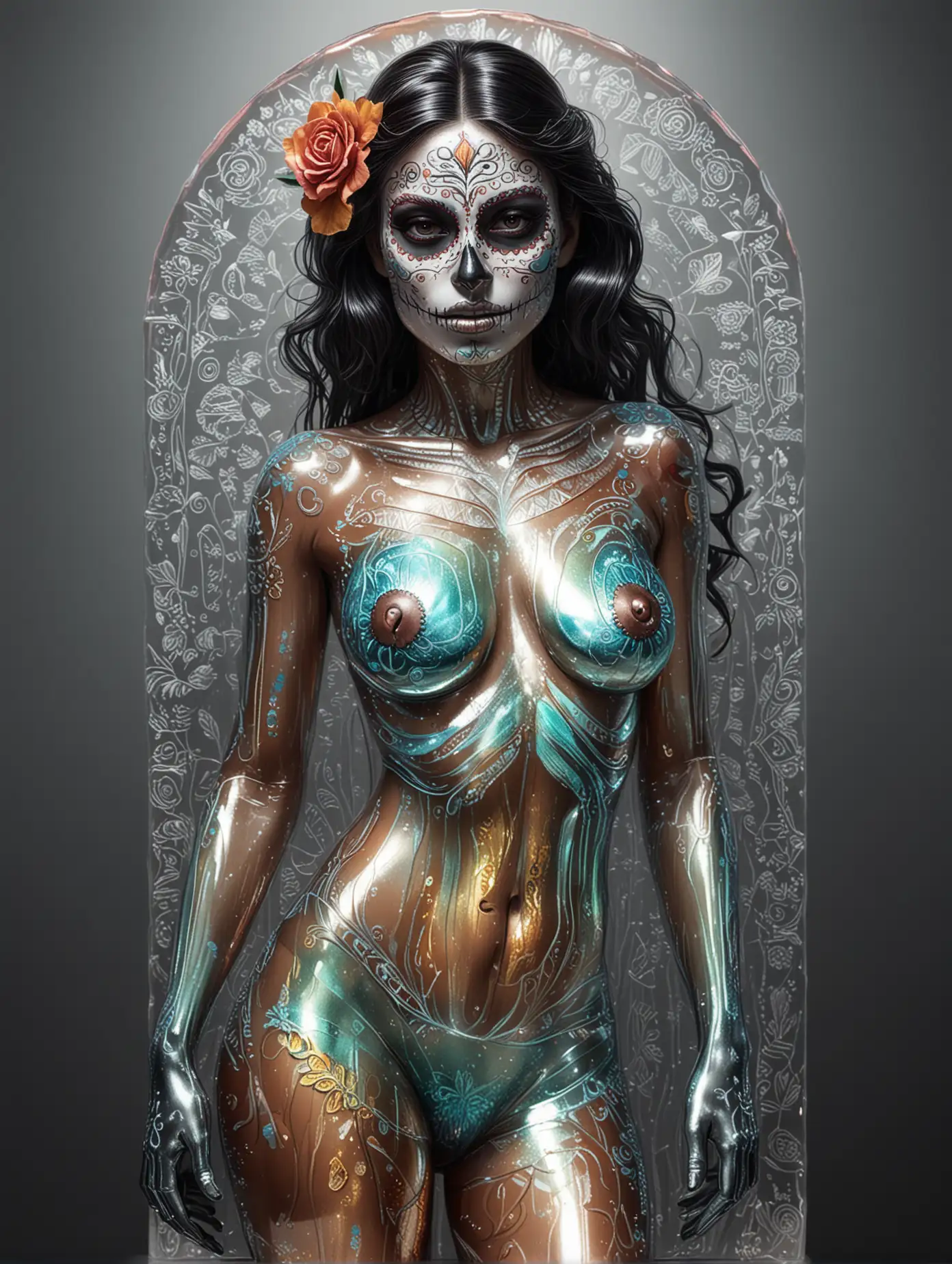 Illustration of naked sexy mexican woman made of bright iridescent glass, day of the dead.