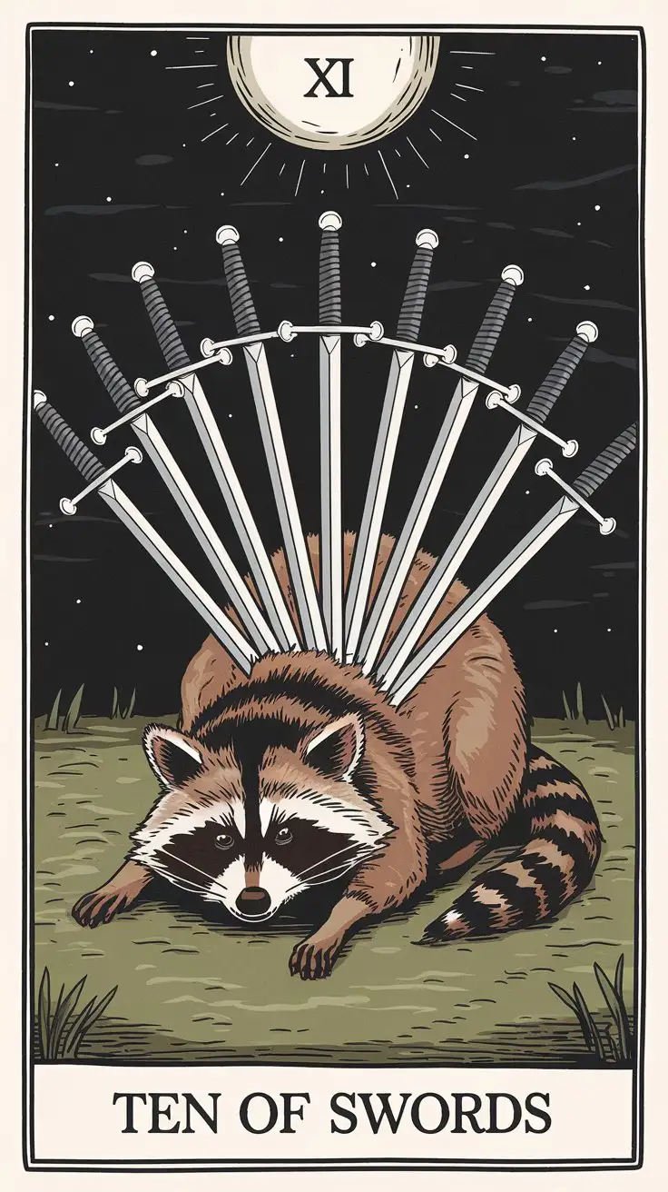 Raccoon Tarot Card Ten of Swords