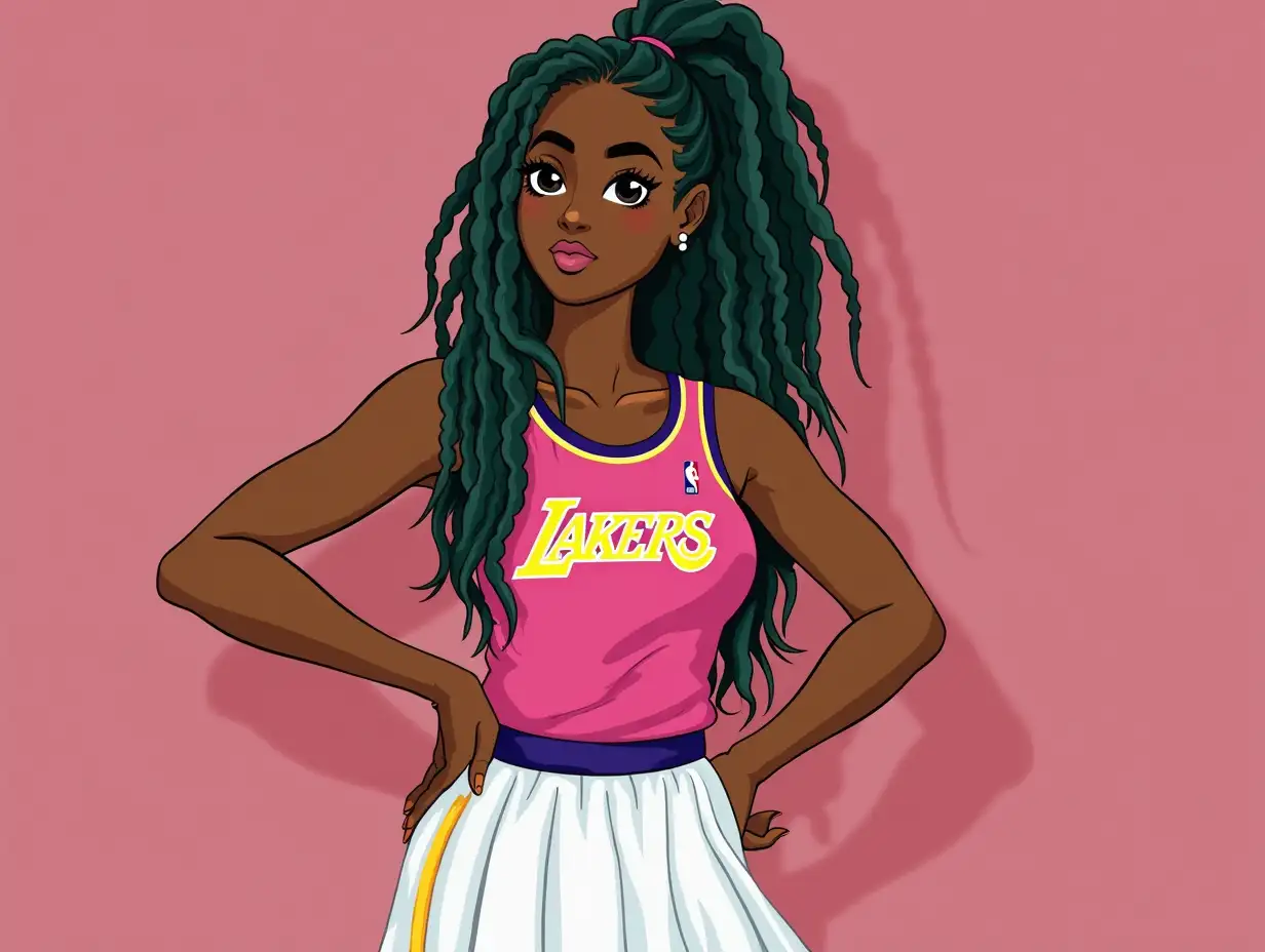 A beautiful ebony woman wearin a lakers jersey pink ,has green and black braids  a white tennis skirt  