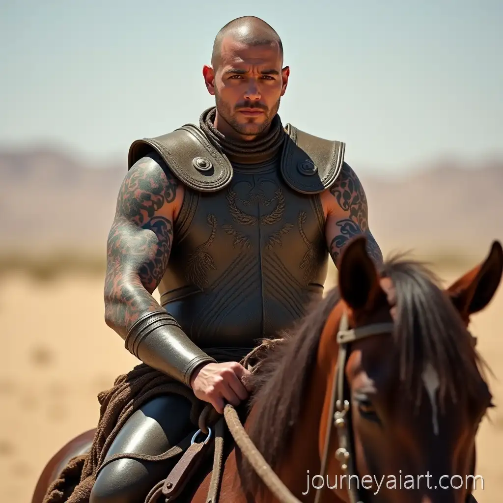 Tattooed-Man-in-Ancient-Armor-Riding-Horse-Through-Desert