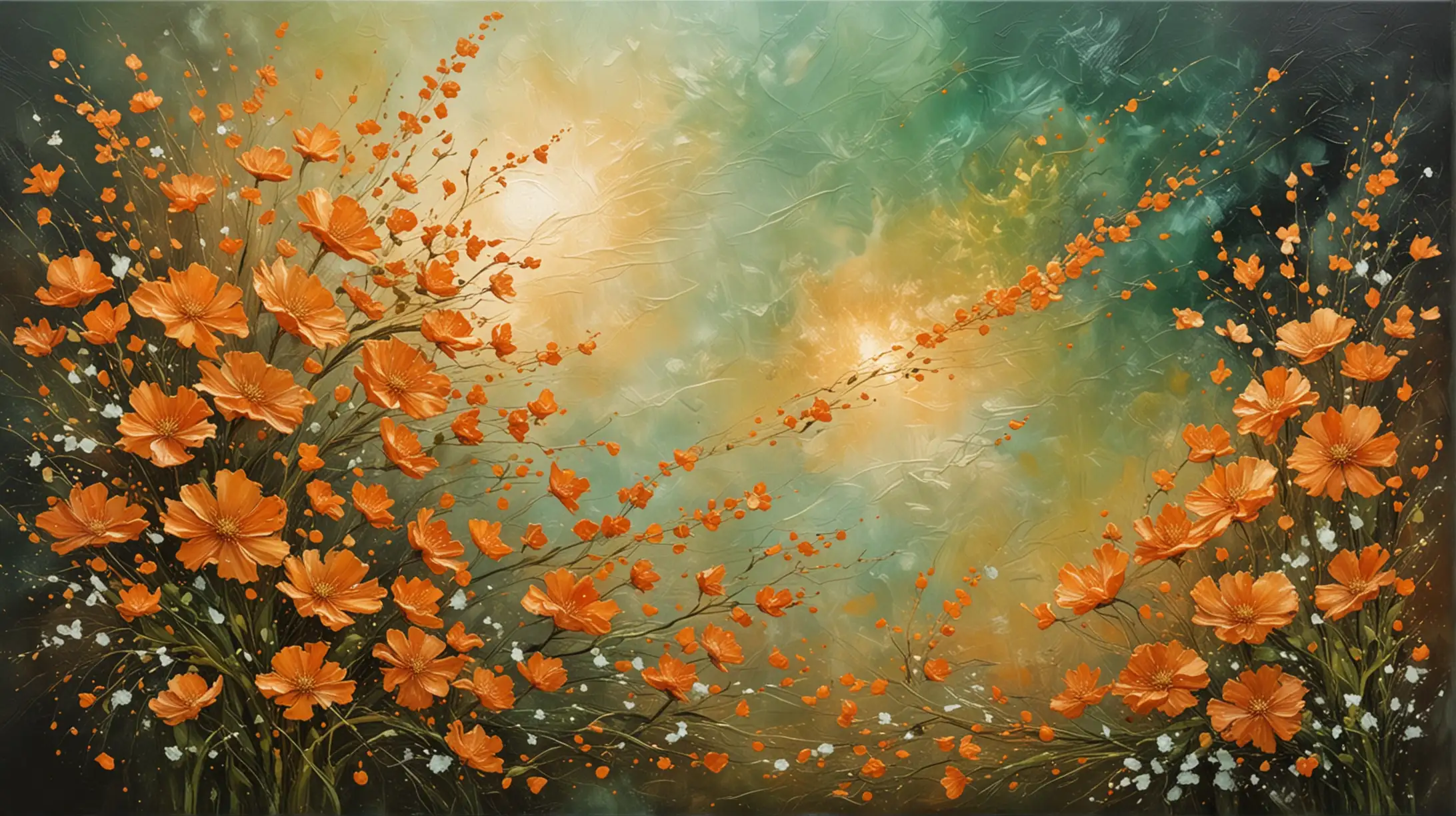 Abstract Textured Oil Painting Orange Wispy Flowers with GoldenGreen Galaxy Sky