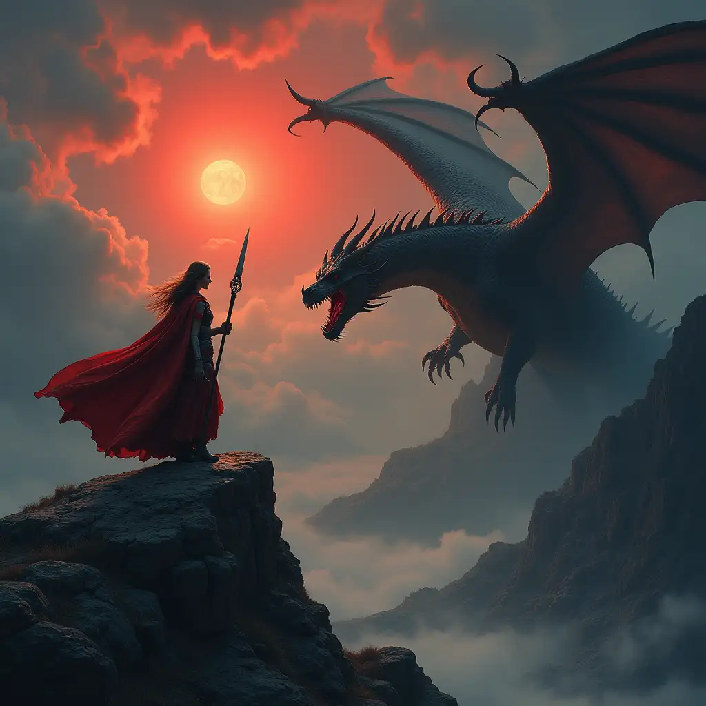 A warrior princess fighting against an evil dragon over a rocky mountain with dark clouds and a red sun