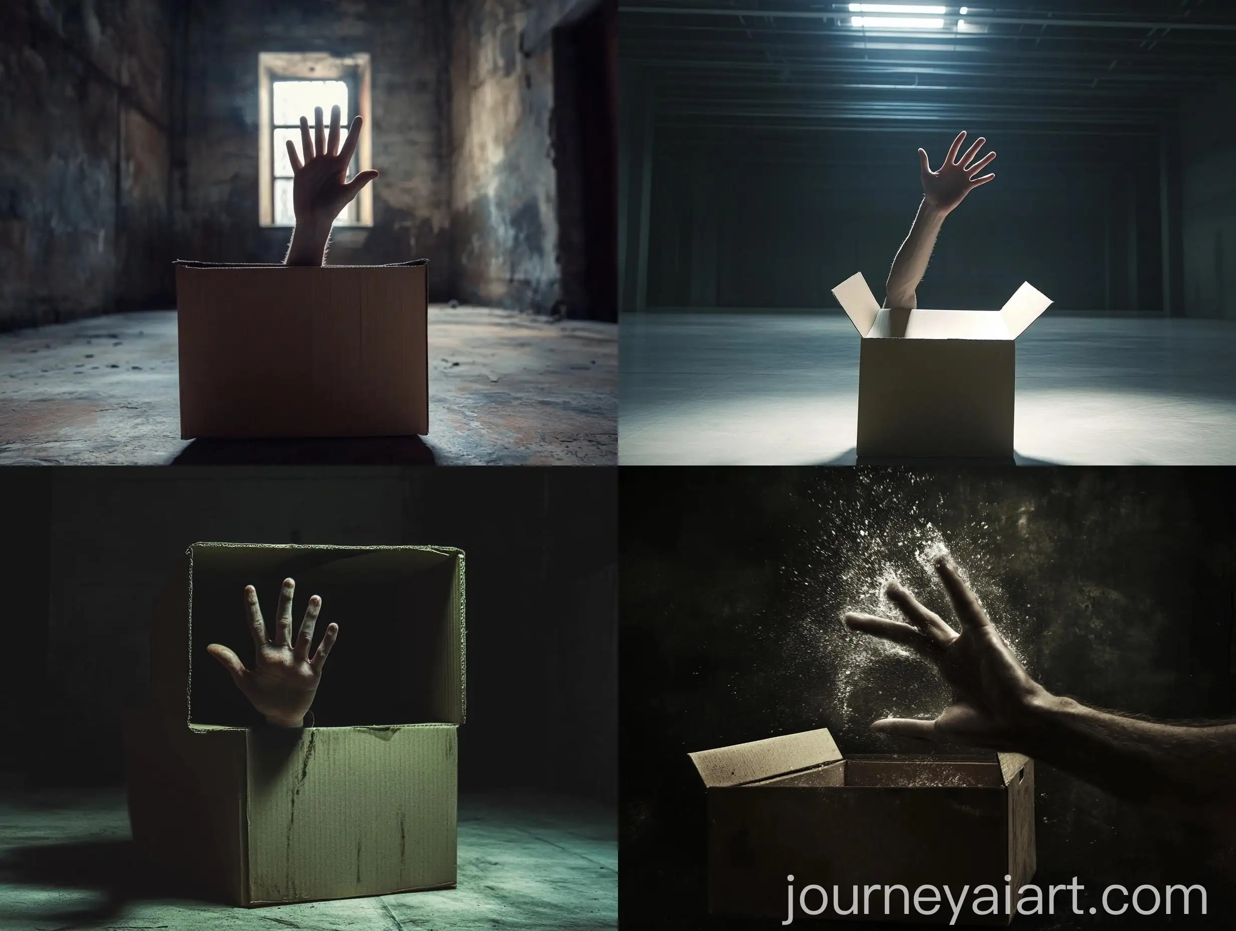 Hand-Breaking-Out-of-Closed-Box-in-Dark-Room