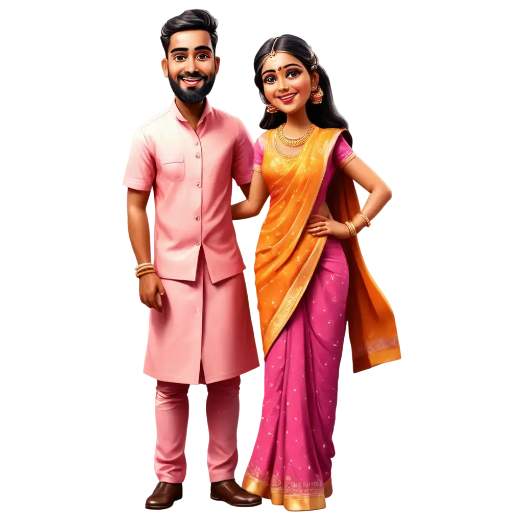 South-Indian-Wedding-Caricature-PNG-Bride-in-Pinkish-Saree-and-Groom-in-Lungi