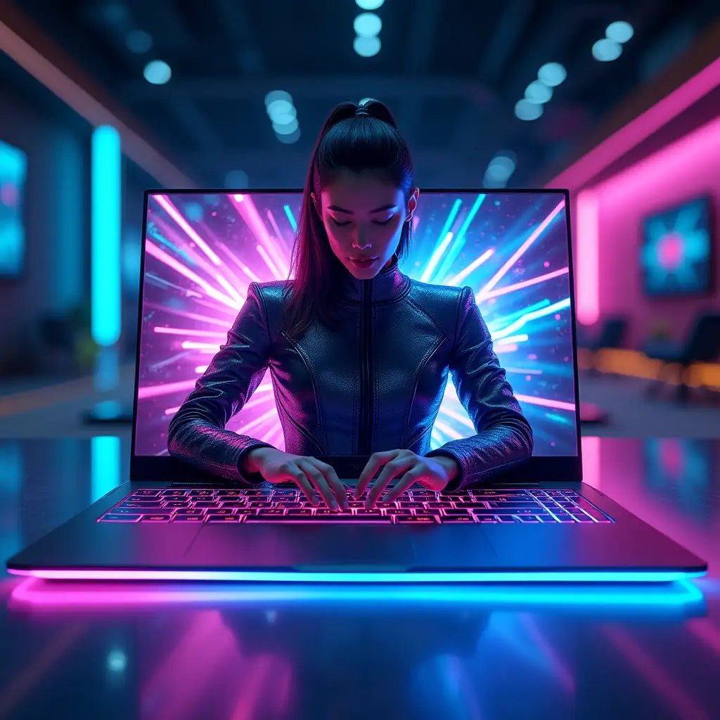 Design a highly realistic and professional advertisement for an end-of-year laptop sale. The centerpiece is a state-of-the-art laptop glowing with vibrant RGB lighting that emanates from its keyboard, screen, and surrounding edges. Emerging directly from the screen is a dynamic model, fully dressed in a futuristic gaming-style suit. Her outfit features sleek, form-fitting metallic textures with integrated RGB accents that pulse gently, reflecting the cutting-edge technology of the laptop. The model exudes confidence and professionalism, her appearance tasteful and appropriate, embodying the spirit of innovation and gaming culture. The atmosphere is vibrant, with flowing RGB lighting illuminating the surroundings in rich tones of blue, purple, and green, creating a captivating tech-inspired ambiance. The setting is futuristic yet grounded, with subtle hints of a high-tech showroom—sleek surfaces, glowing holographic elements, and polished backdrops that enhance the premium quality of the advertisement. Lighting is expertly designed, emphasizing the glossy finish of the laptop and the detailed textures of the model’s suit while creating an immersive, cinematic effect. The composition is visually striking, with clear messaging that highlights the advanced features of the laptop and its gaming and professional capabilities. This advertisement ensures the customer immediately connects with the product and its innovative design.