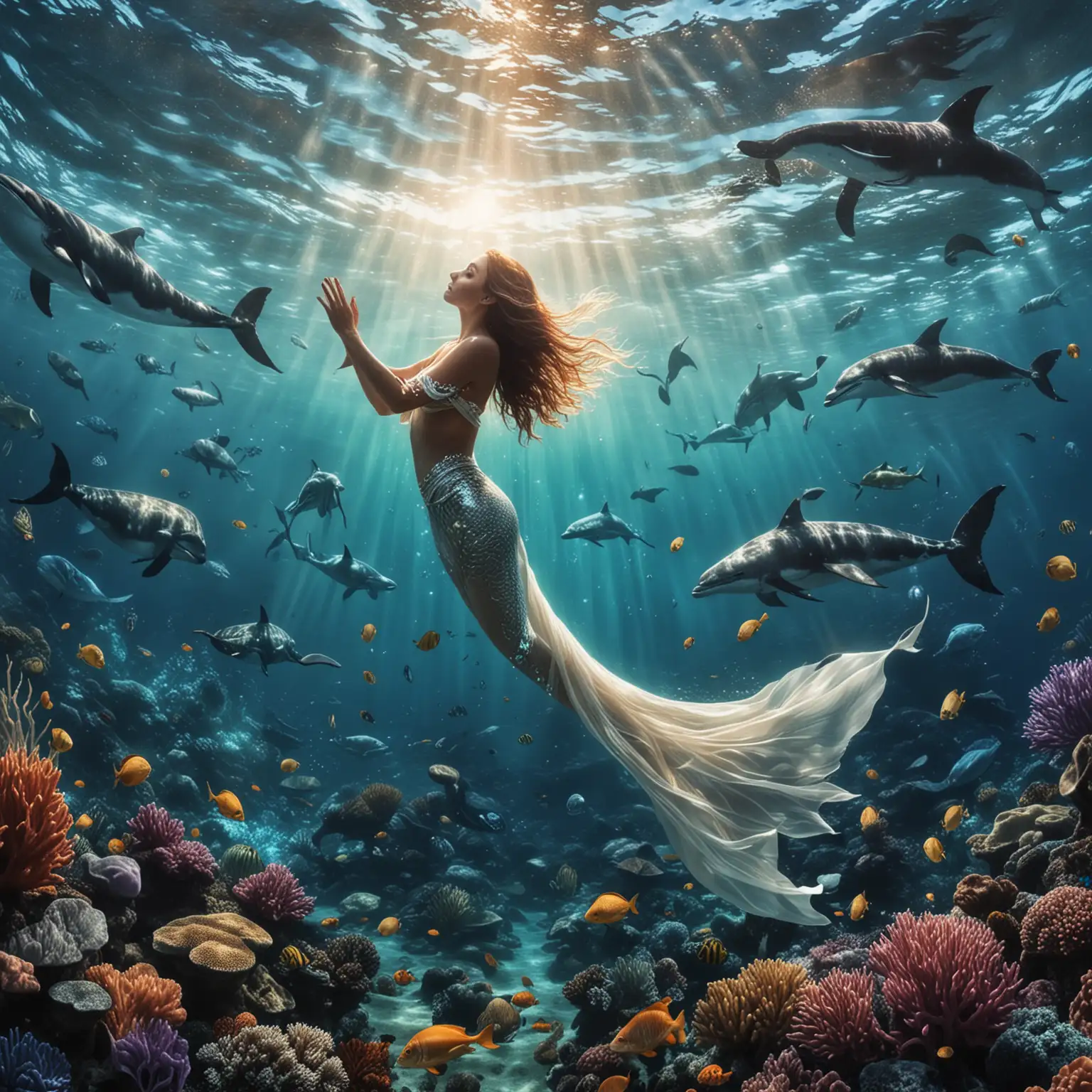 Enchanting Underwater Scene with Fish Whales Dolphins and Mermaids