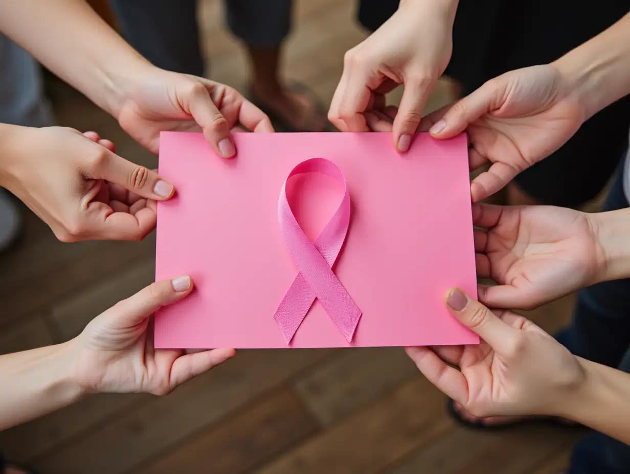 Breast-Cancer-Awareness-Group-Holding-Pink-Ribbon-on-Wooden-Background