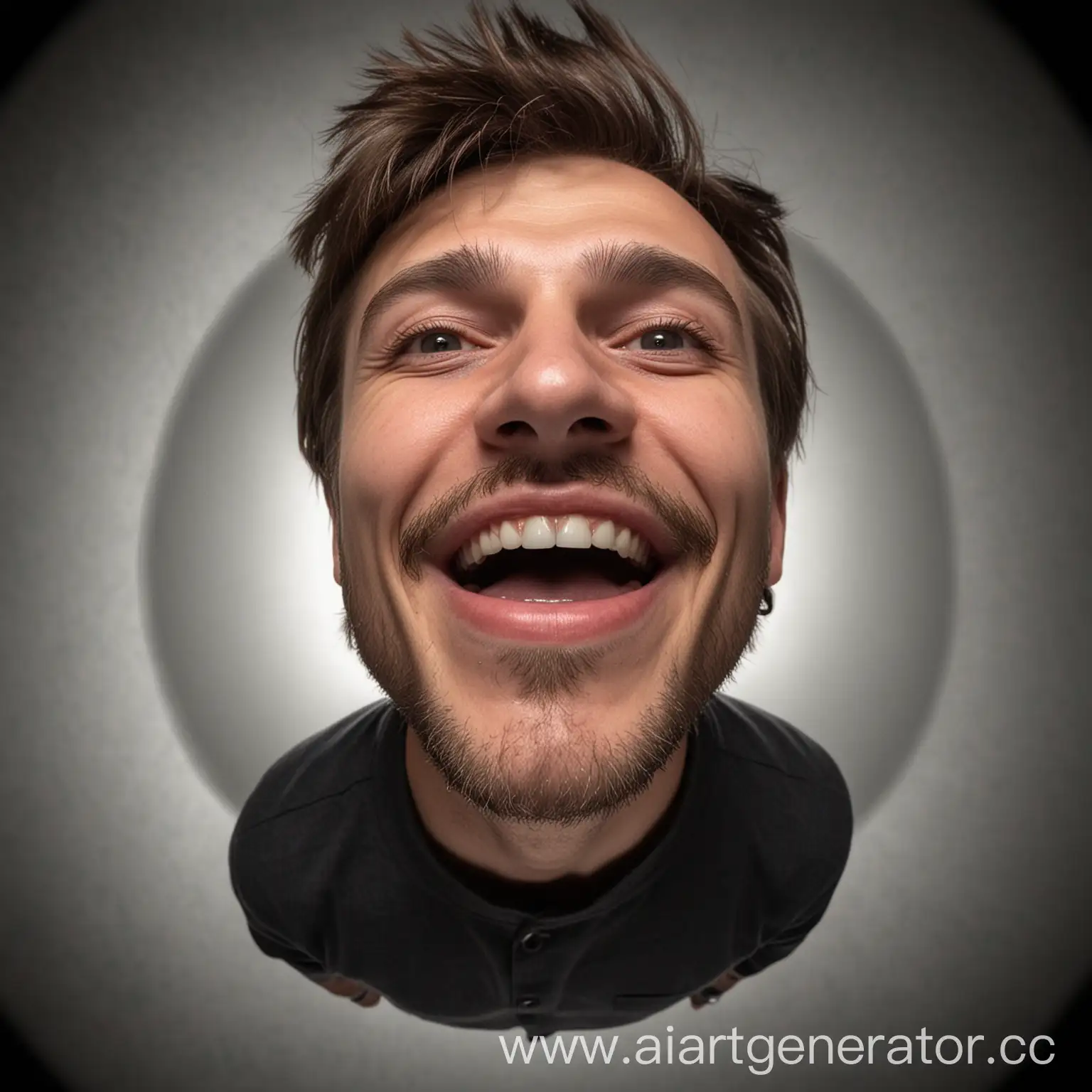 a man standing and looking at the top. View from above. The background is black and empty. He holds the corners of his mouth with his hands and smiles, he has grills on his teeth. A fisheye filter