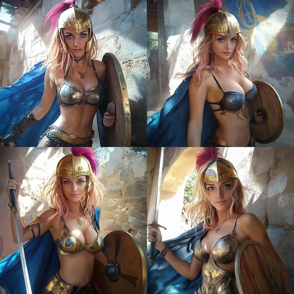 Fierce-Female-Warrior-in-Golden-Ancient-Armor-with-Sword-and-Shield