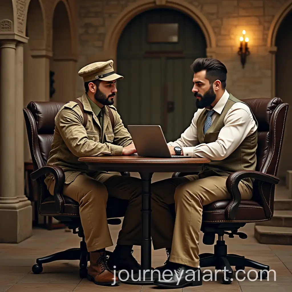 German-and-Arab-Men-in-Luxurious-MedievalAI-Image-Prompt-Expansion-Fortress-Office-Engaged-in-Conversation
