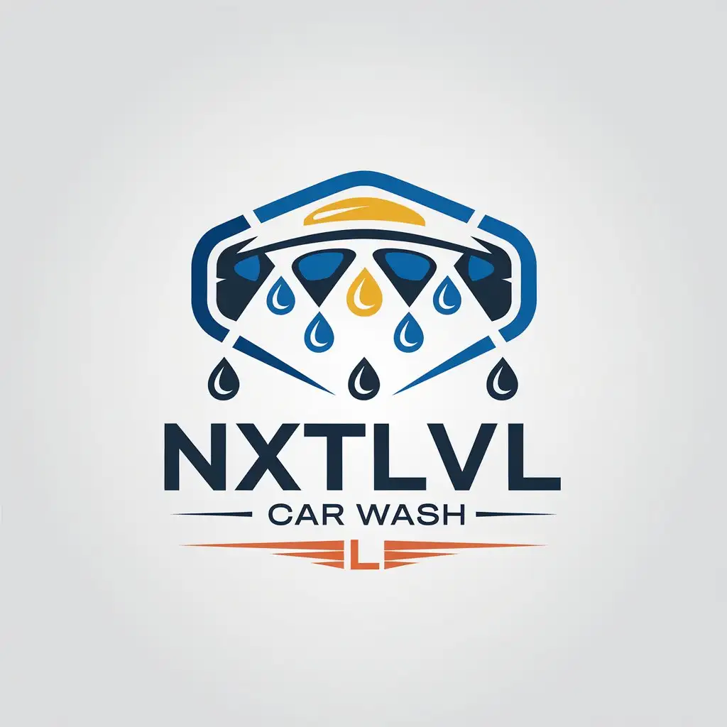 LOGO Design For NXT LVL Minimalistic Blue White Yellow and Orange Car Wash Logo with Water Element