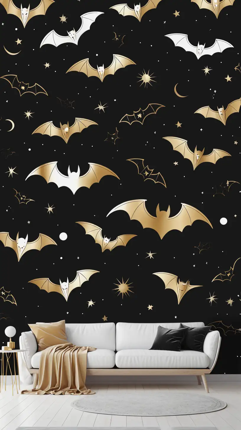 Elegant Minimalist Gold and White Celestial Bats Wallpaper Design