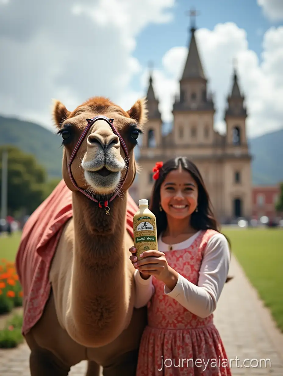 LebCamel-with-glasses-and-hummusanese-Girl-with-Camel-in-Traditional-Dress-Holding-Hummus-Bottle-in-Parque-Calderon-Cuenca-Ecuador