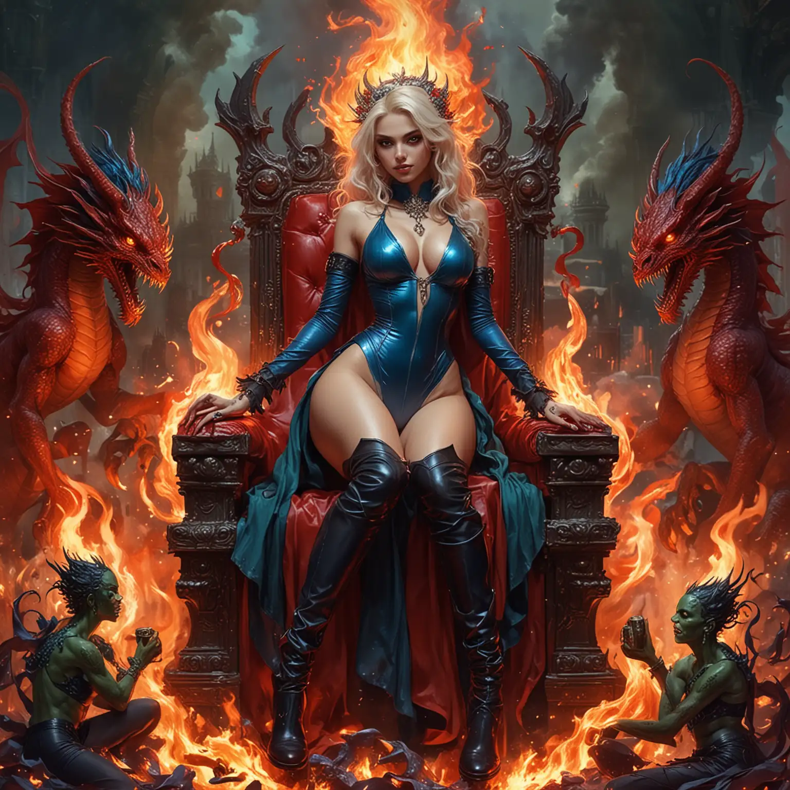 Goddess Empresses Surrounded by Fiery Dragons and Magical Elements