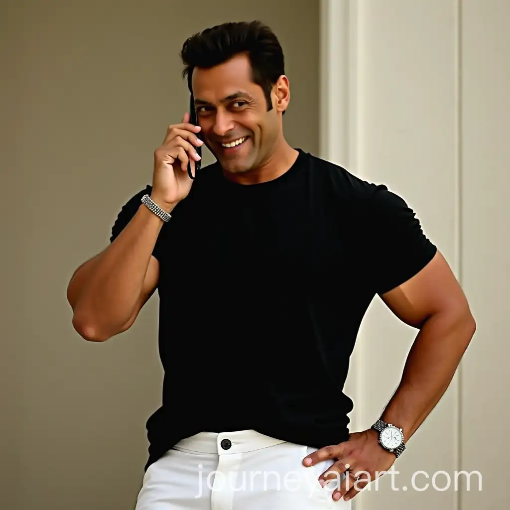 Bollywood-Superstar-Salman-Khan-in-Stylish-Black-TShirt-and-White-Pants-Talking-on-Mobile-with-Shiny-Watch-and-Heartfelt-Smile