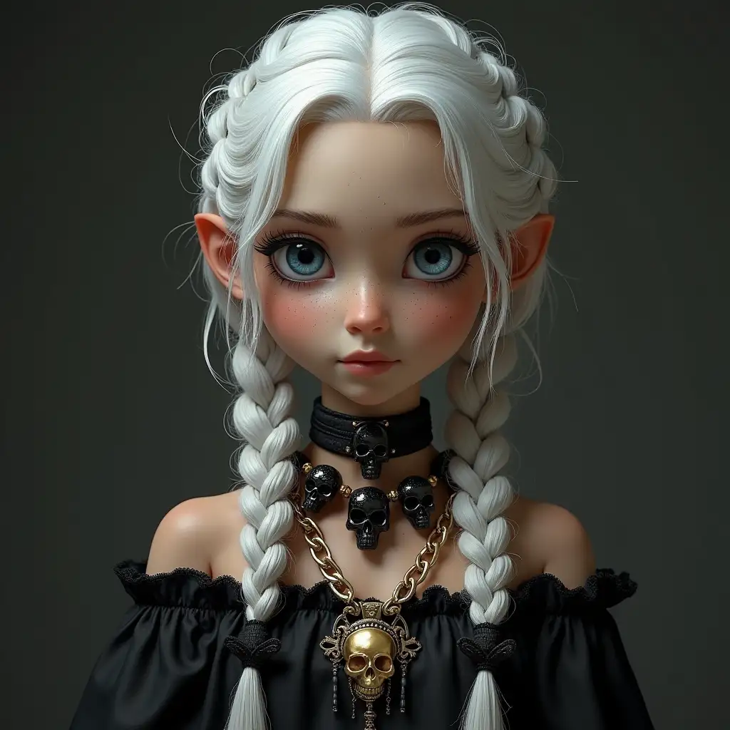 Princess black and white braids with white hair, freckles with necklace of black skulls, with golden shoes