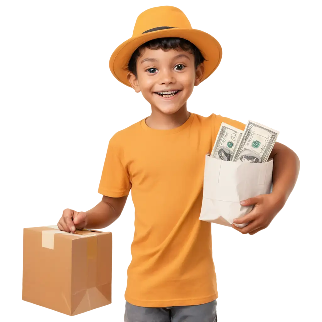 Friendly-Boy-with-Hat-Holding-Package-and-Money-PNG-Image-for-Commercial-and-Creative-Use