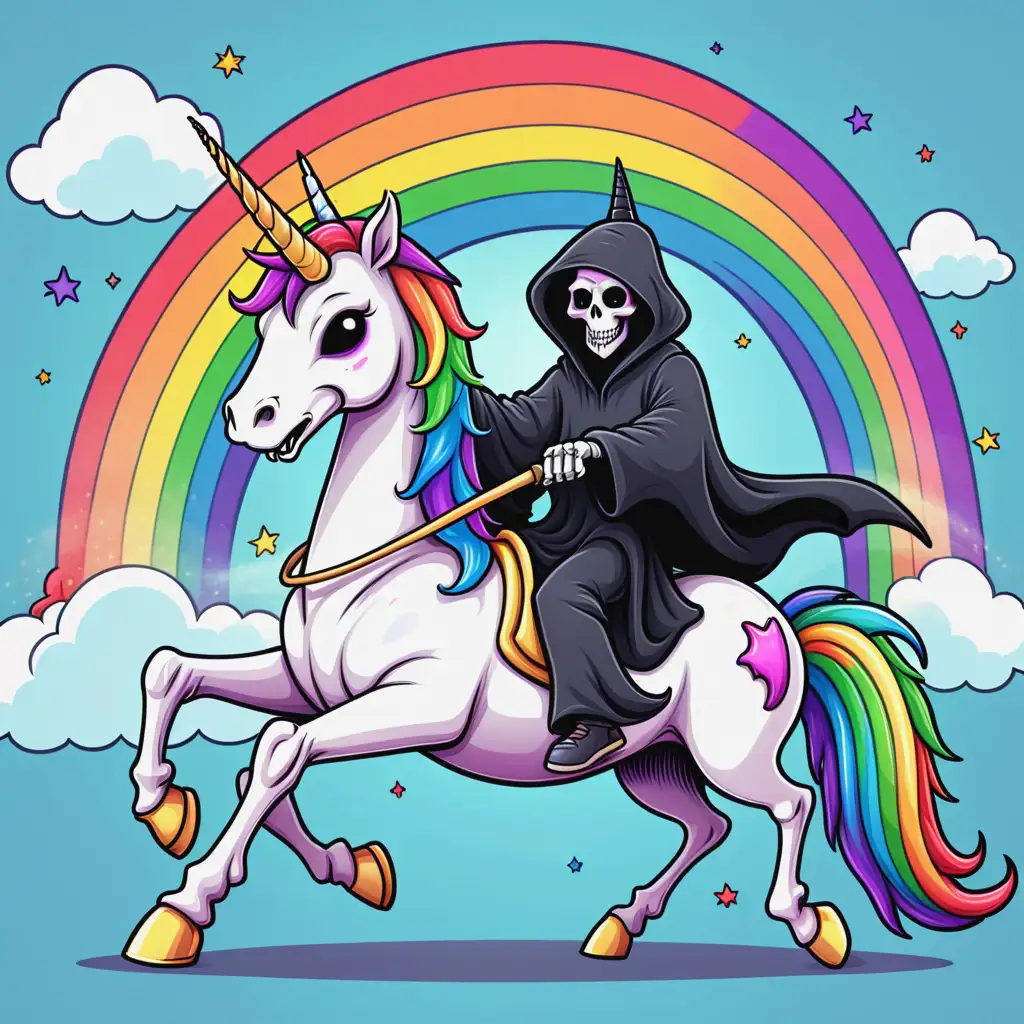 cartoon grim reaper riding a rainbow unicorn