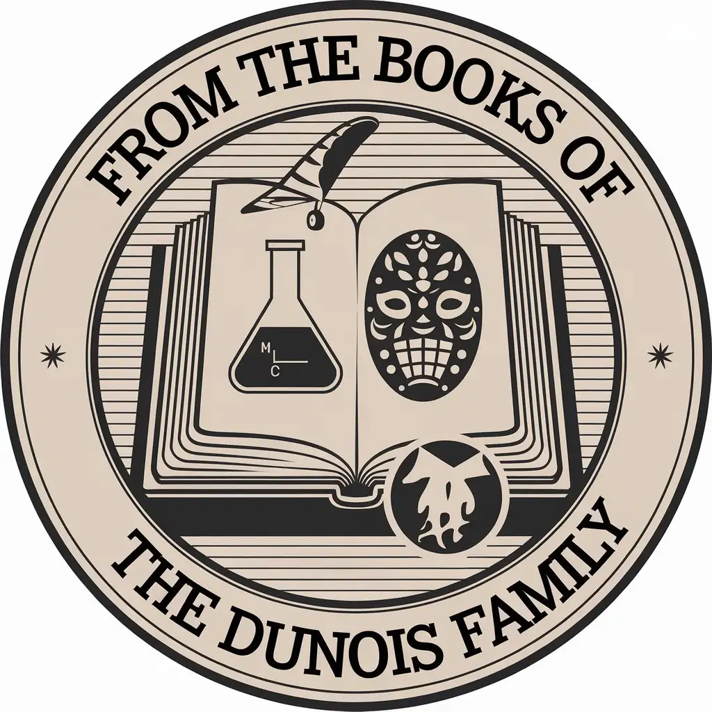 a vector logo design,with the text "From the books of the Dunois family", main symbol:A graphic collage of a book plate. Consists of an open book, on which is a chemical flask, next to it lies a kendo mask, a paramotor is flying, all this is inscribed in an oval.,Moderate,clear background