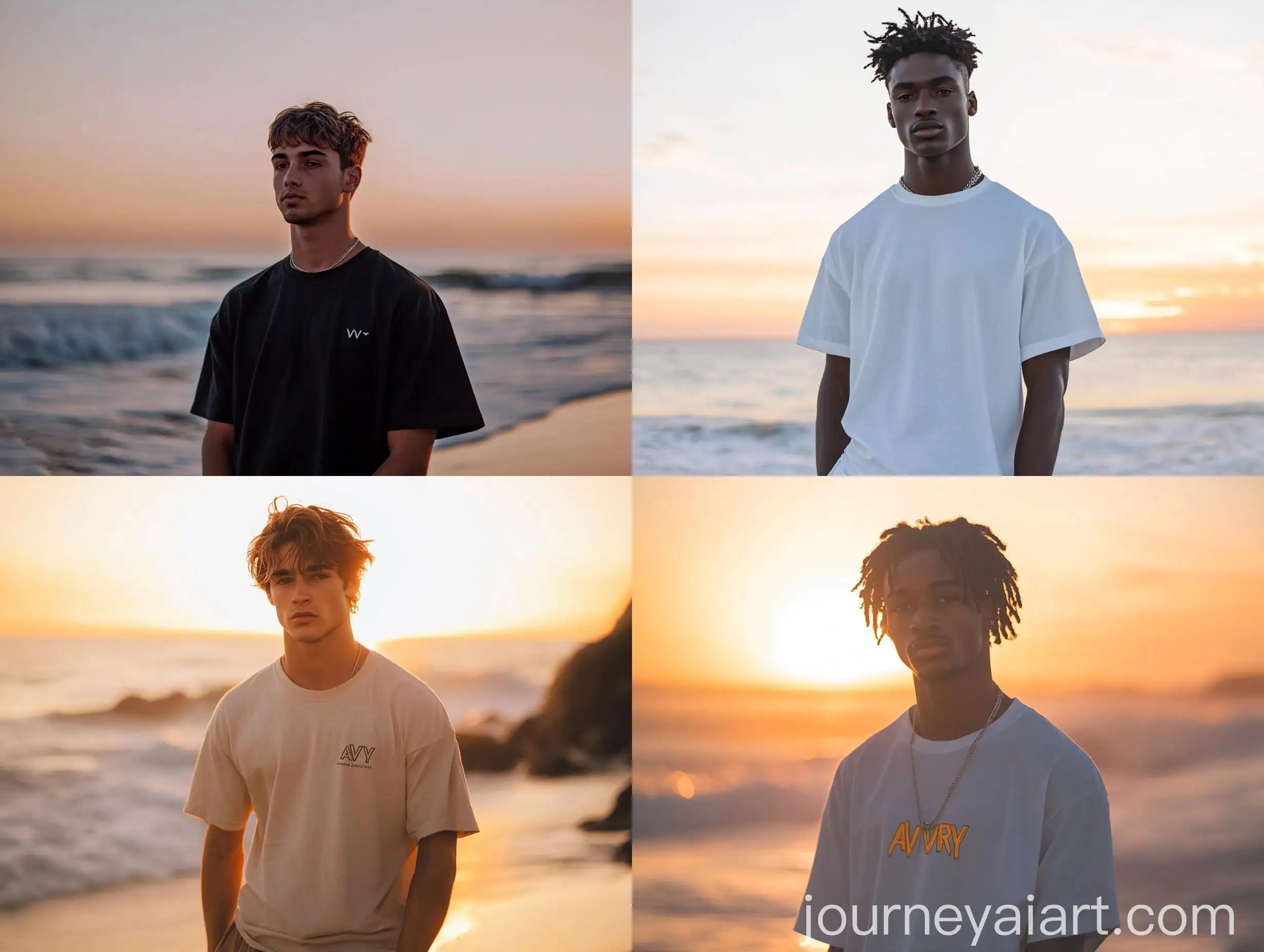 Young-Male-Models-in-Fear-of-God-Essentials-Crop-Half-Tshirts-at-Beach-Sunset