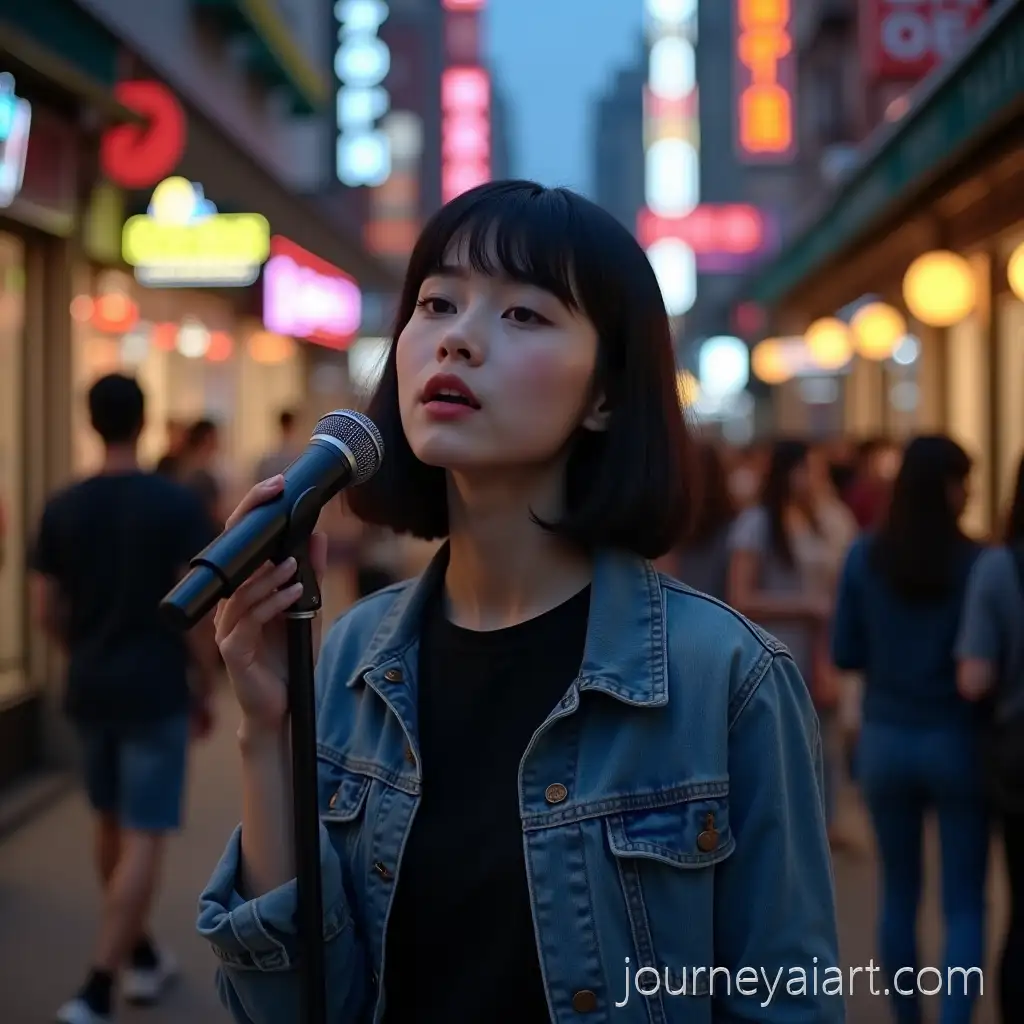 Young-Woman-Singing-on-Lively-NeonLit-City-Street-at-Dusk