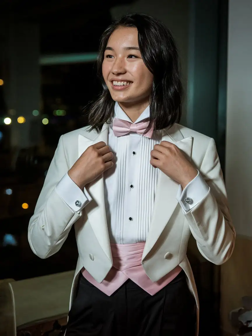 Smiling and elegant young Asian woman with shoulder length black hair wearing an unbuttoned white tuxedo with a pink bow tie and a pink cummerbund and black pants is standing in a room at night.  Her shirt has double french cuffs.  She has silver cufflinks.  She is adjusting her tie.