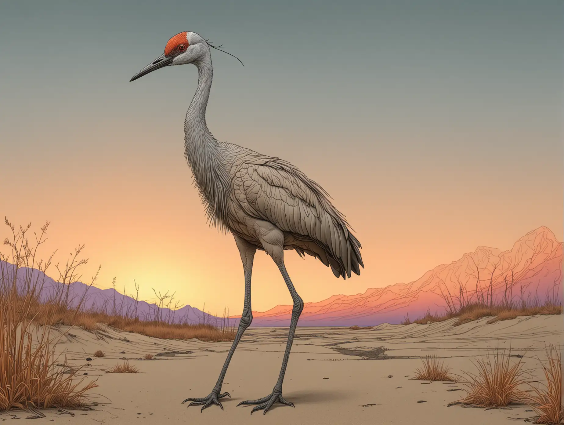 surreal line drawing in the style of salvador dali in a gradients of natural colors small, happy anatomically correct sandhill crane on one side of the image and 30% height of total height of the image in alaska at sunset