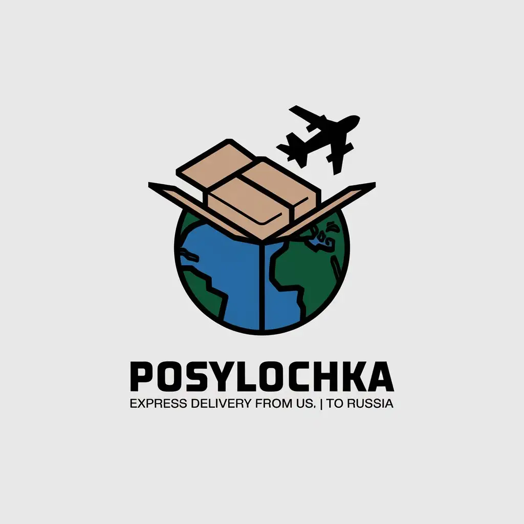 LOGO Design for Posylochka Express Delivery from US to Russia with Box Parcel Earth and Airplane Theme