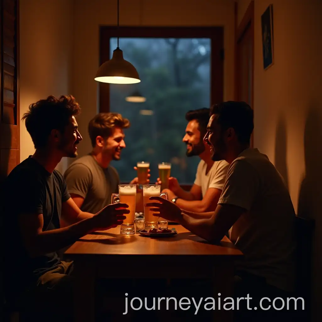 Three-Friends-Enjoying-Beer-in-a-Cozy-Indian-Room-at-Night
