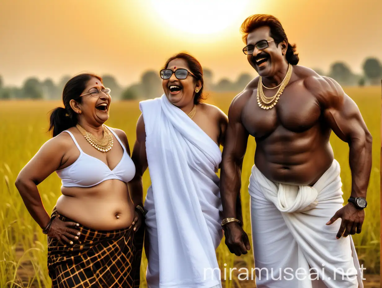 Indian Bodybuilder and Curvy Woman Laughing in Village Grove at Sunset