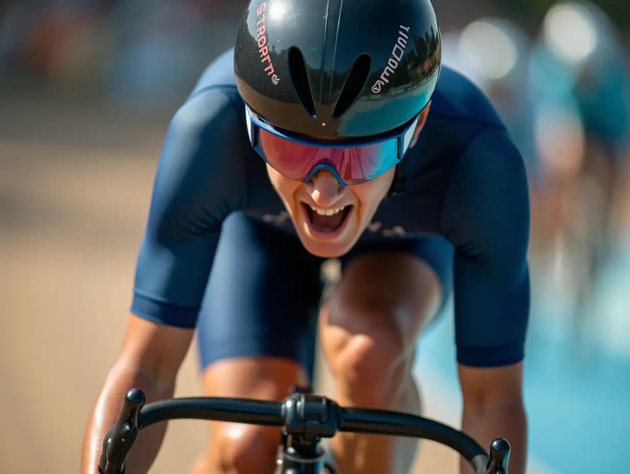 Close-up portrait of a track cycling cyclist at a bicycle racing competition