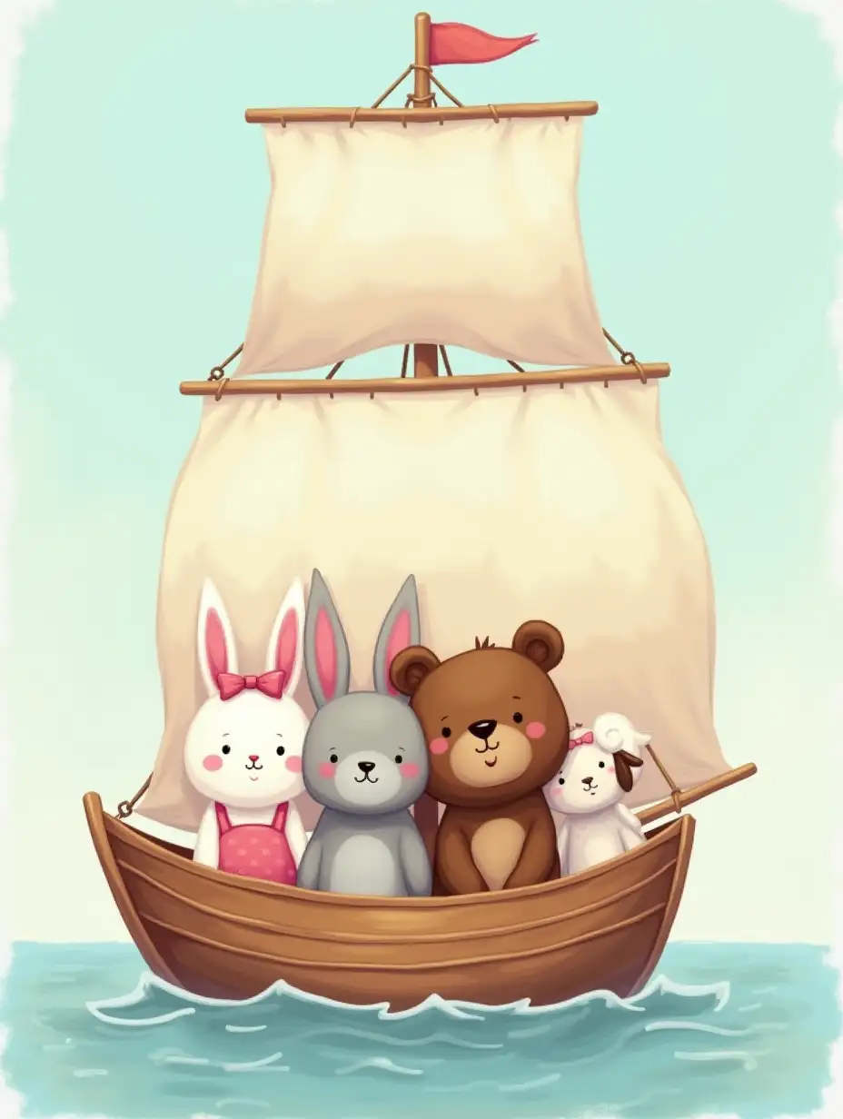 White-Cat-Brown-Bear-Grey-Bunny-and-Sheep-Sailing-Together-on-a-Boat