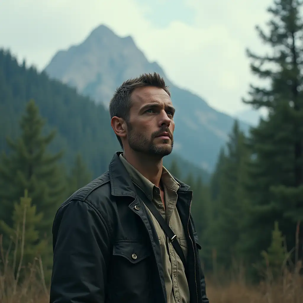 A 75mm realistic photographic portrait of a European man against a small mountain in the forest, he is one of the gang members, the overall image has a cinematic 3D rendering style and is inspired by cinematic techniques, wildlife photography, traditional painting techniques such as ukiyo-e and various artistic techniques