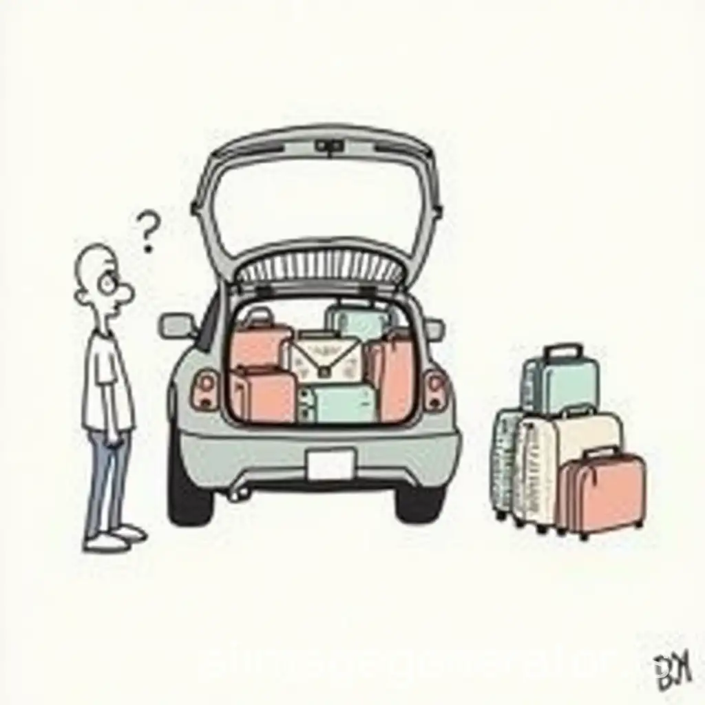 Comic/minimalist drawing: A car with its trunk open and already filled with luggage of various sizes. Next to the trunk, other luggage waits to be loaded, but it is clear that not all of them will fit. A character looks at the trunk with a puzzled expression, wondering how to fit all these luggages.