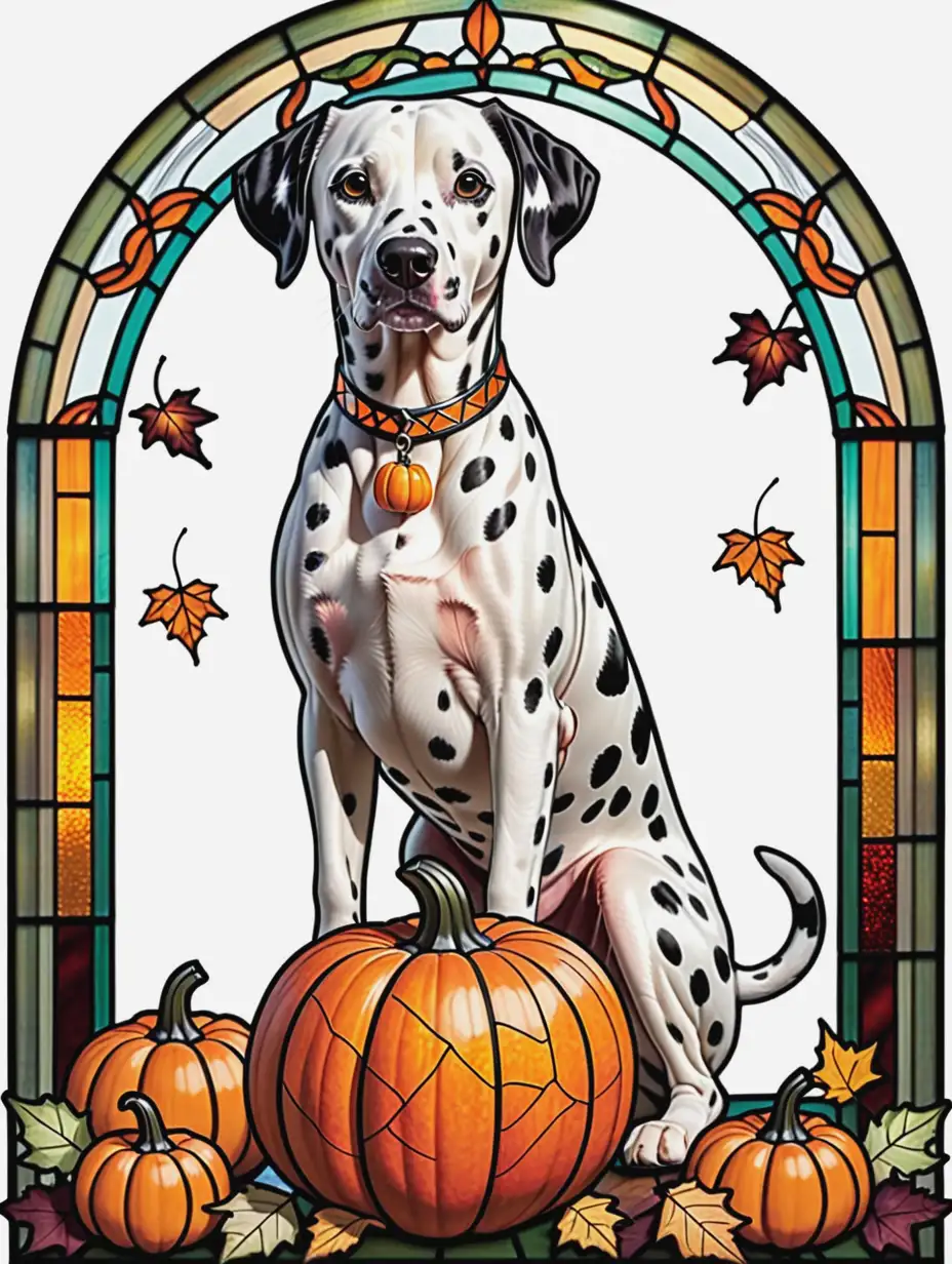 Standing Dalmatian Dog with Pumpkin and Fall Leaves in Stained Glass Design