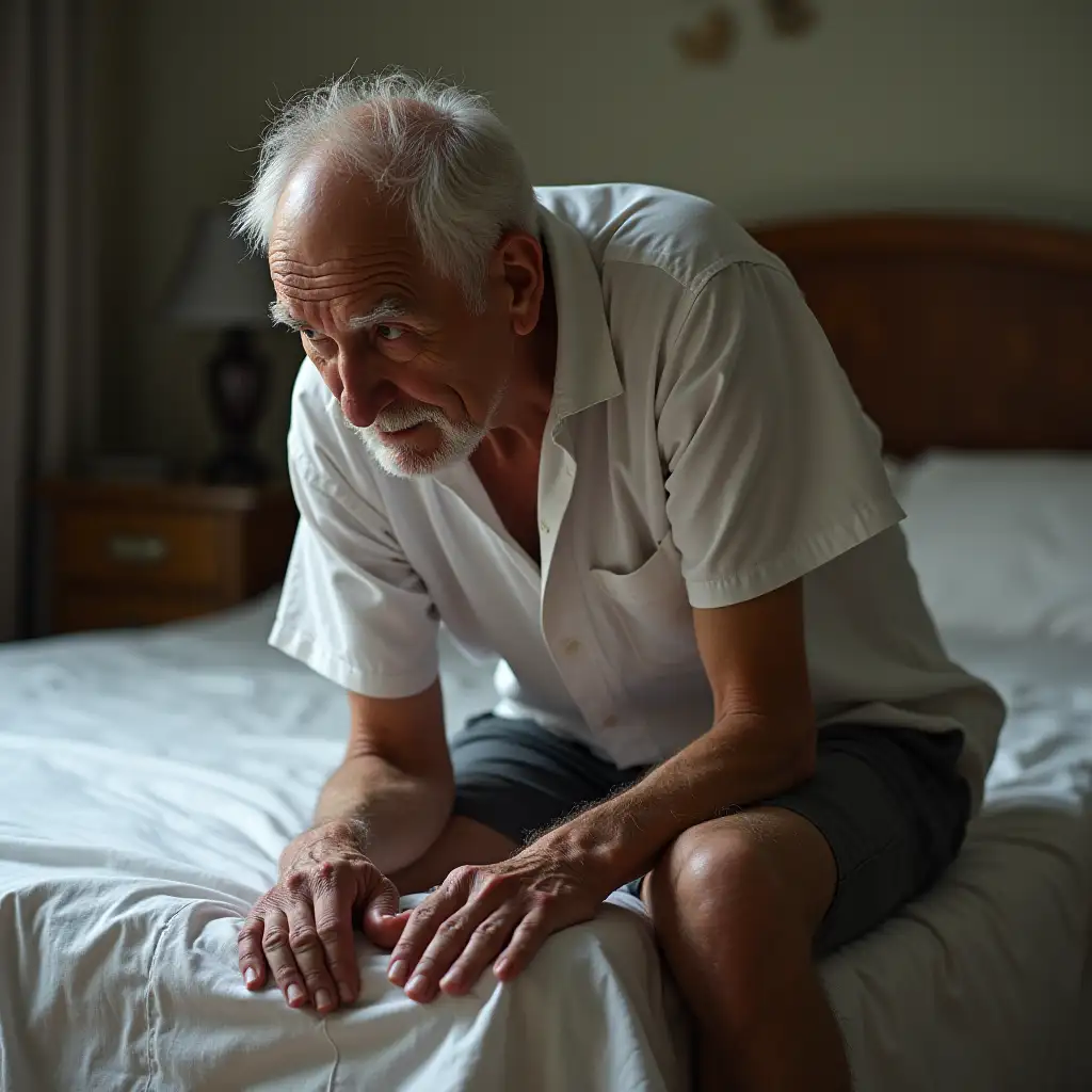 Elderly-Man-Sitting-on-Bed-with-White-Bedspread