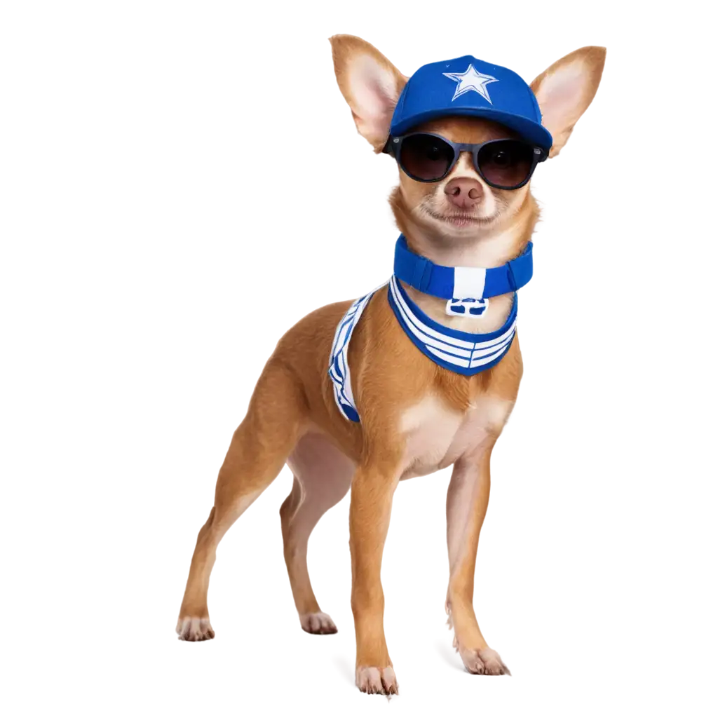 cute brown and white chihuahua standing on hind legs wearing a Dallas Cowboys jersey and sunglasses