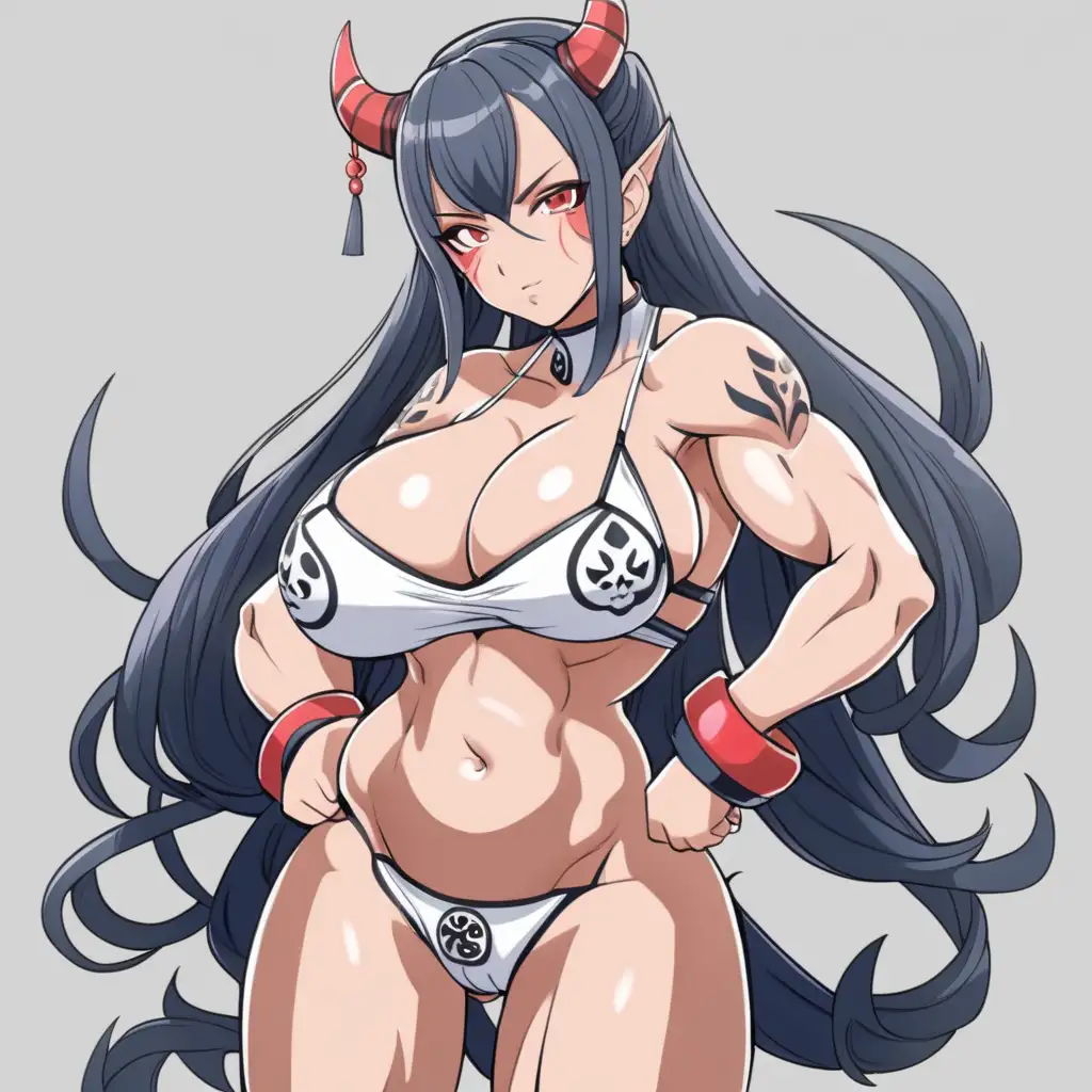 Cute oni woman. Muscular body. large breasts, Cute anime illustration.