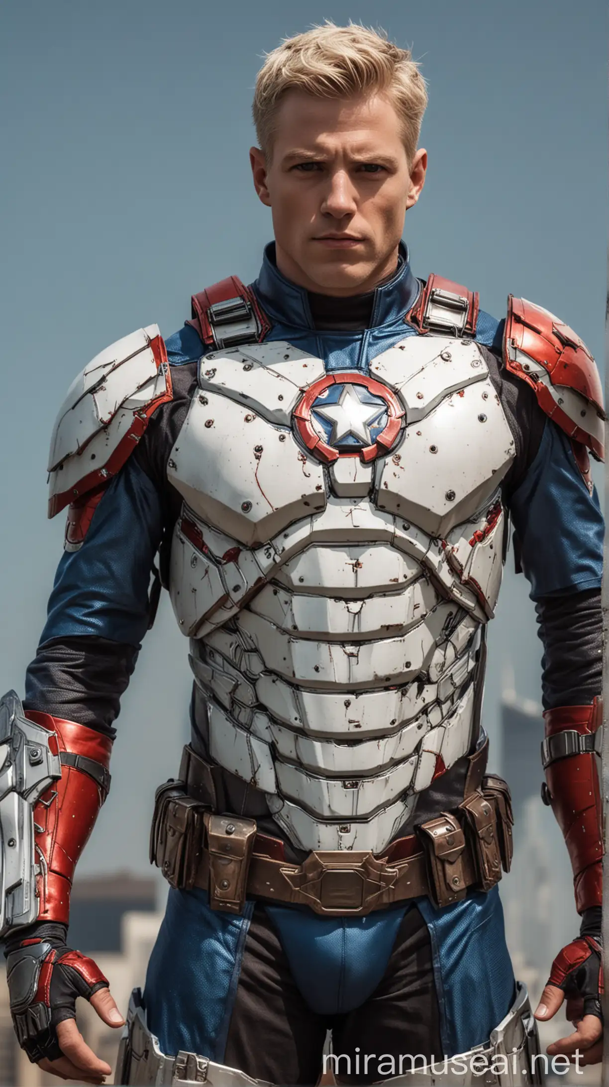 Superhero in Red and Blue Armor Against Eclipse Skyline