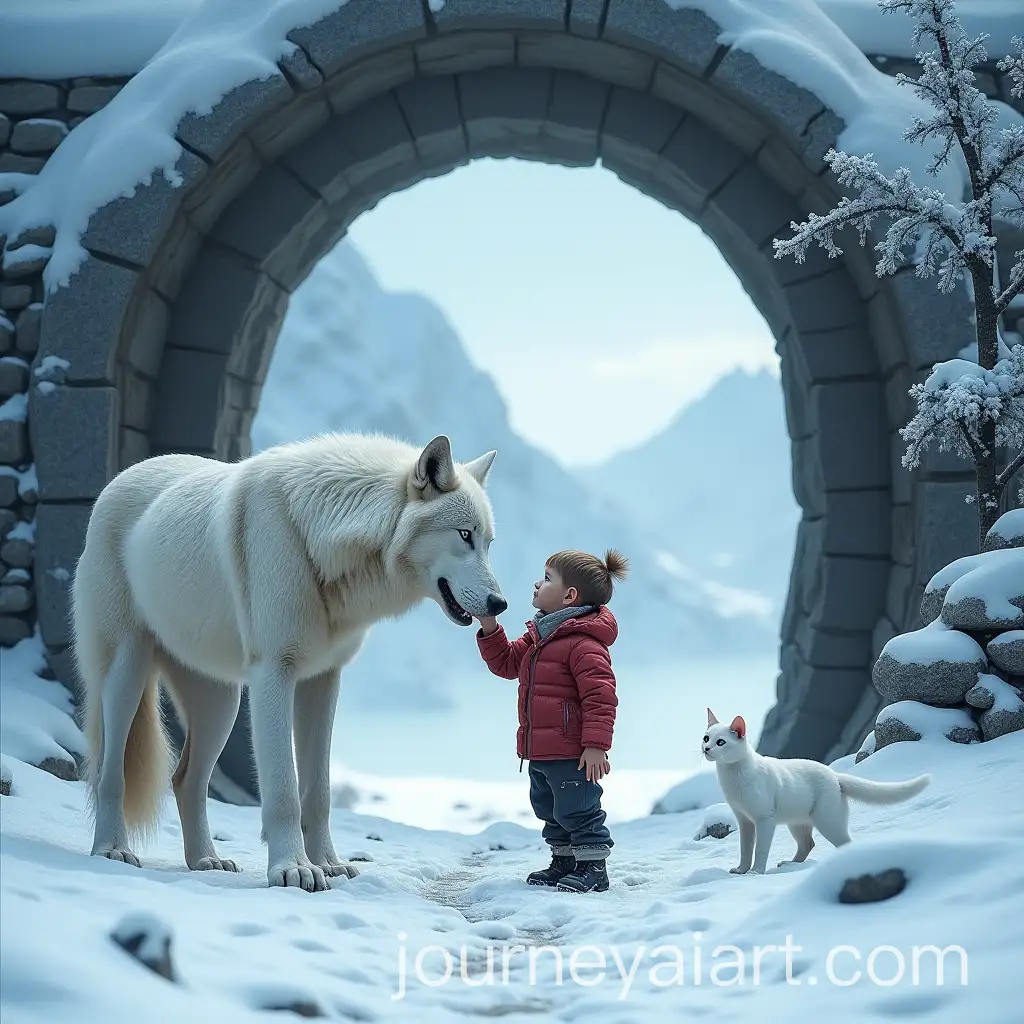 Young-Boy-and-White-Wolf-in-Snowy-Mountain-Landscape