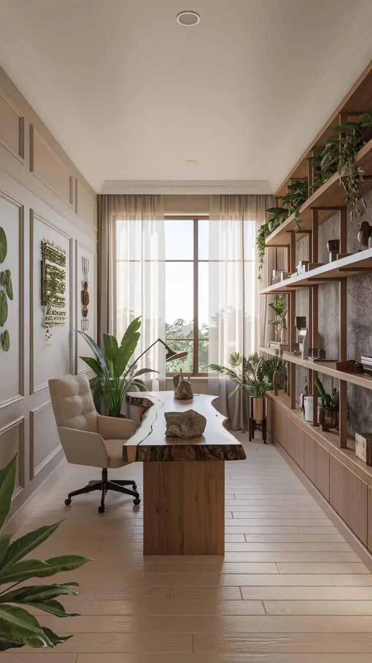 A front shot of a modern masculine natural wood retreat office.  Cream walls, light wood floor. Live-edge wood desk in the center, facing forward.  Beige linen office chair. Wooden shelving unit with plants and natural decor.  Stone desk accessories.  Large window with sheer curtains, soft natural light.  Green plants throughout the office.  Organic, earthy tones, realistic, photographic, high detail, 8k.