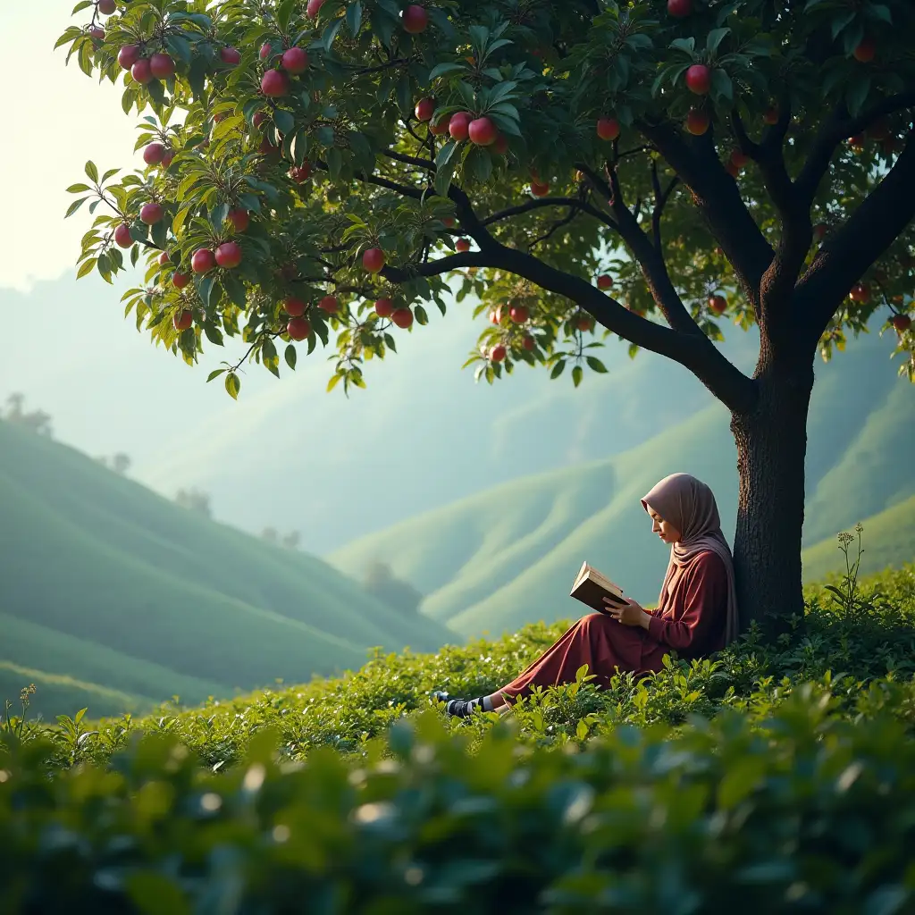 A woman with a hijab sitting reading a book under a large apple tree. Among tea plantations on the morning of a foggy mountain slope