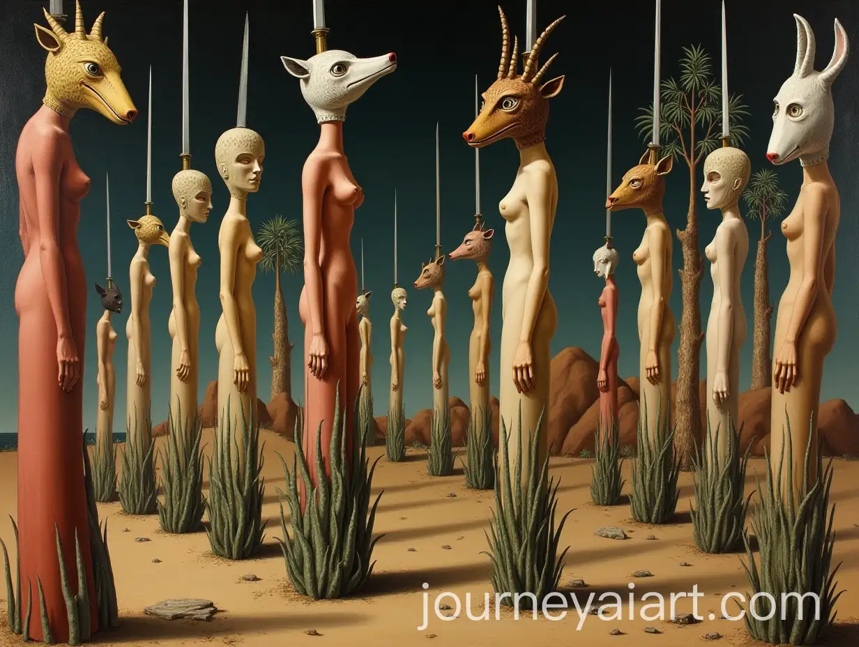 Surreal-Giorgio-de-Chiricoinspired-Landscape-with-Barren-Columns-and-Impaled-Animal-Heads