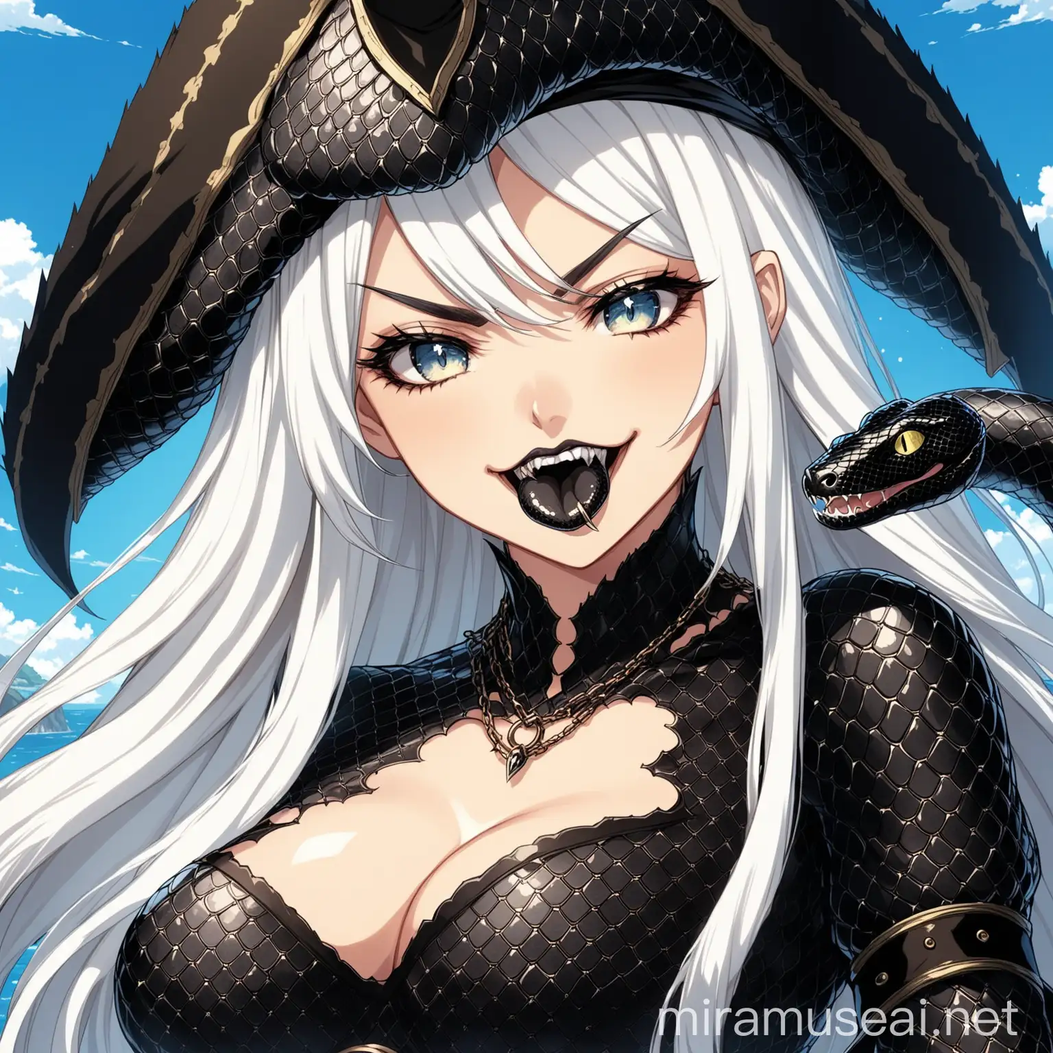 Fantasy Gorgon Pirate with Black Snake Skin and White Hair in Anime Style