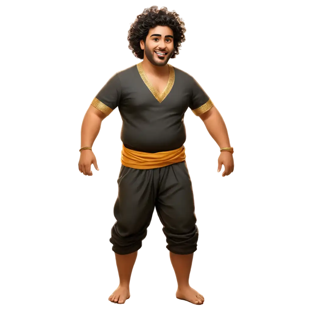 Animated funny and fatty looking guy, with large curly spiky hair and wearing indian kerala dhothi with golden border and shirt. With black color sandals and  large toe. He must be laughing